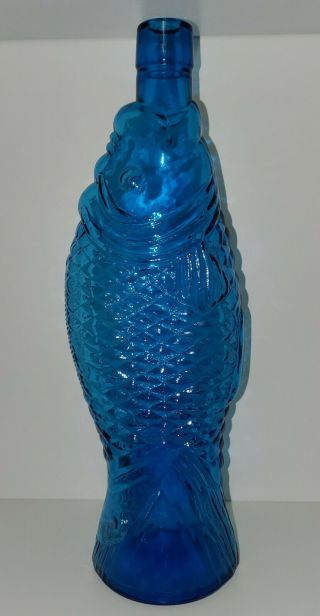 Vintage 13” Tall Rare Cobalt Blue Glass Fish Shaped Wine Bottle Decanter
