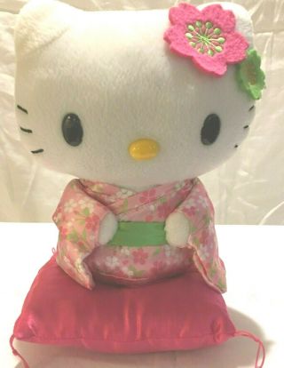 Sanrio Rare Kneeling Geisha Hello Kitty Pink White Kimono Pink Pillow Green Obi