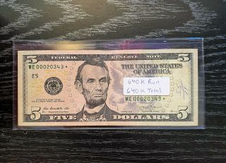 Low Fancy S/n $5 Five Dollar Bill Star✯note Rare - 2013 Me000020343✯ 640k Run