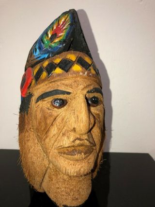 Native American Art - Indian Chief - Hand Carved &painted - Coconut Shell - Vintage - Rare