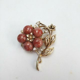 Vintage Signed Coro Confetti Red Lucite Flower Brooch Pin Rare Gold Tone