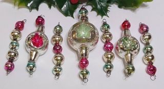 Rare Indent Mercury Glass Bead Icicle 7 Christmas Ornaments Pink Green Vintage