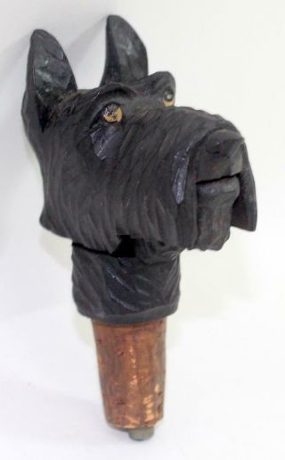 Rare Vintage Scottie Dog Hand Carved & Painted Wood Bottle Pourer Stopper