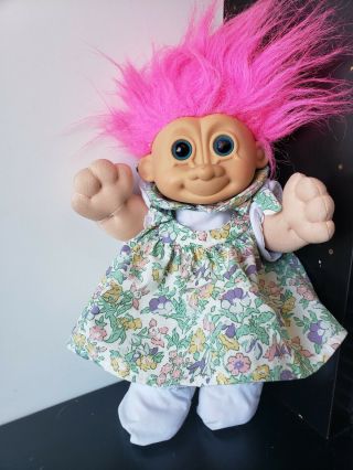 Vintage 12 " Russ Troll Doll Kidz Floral Dress Pink Hair - Rare