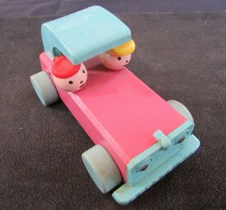 Vintage Fisher Price Wooden Sports Car 674 Blue Roof,  Rare Blue Tires