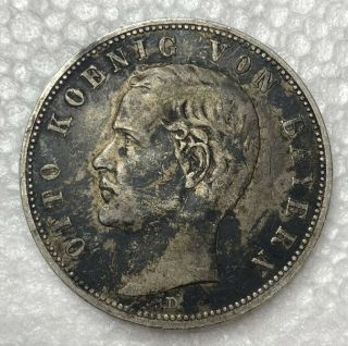 1907 - D German States Bavaria 5 Funf Mark 90 Silver Coin Rare