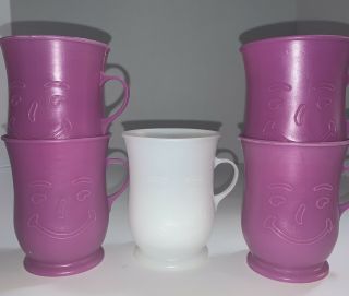 Rare Set 5 Plastic Kool Aid Smiley Face Child Cup Mug Tumbler 4 Purple 1 White