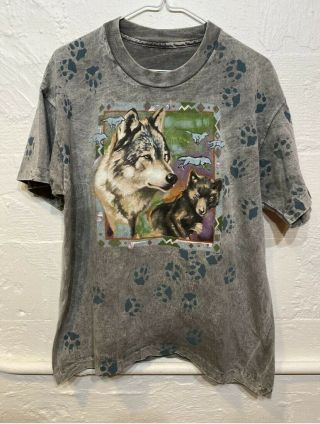 Vintage 90s All Over Print Wolf T Shirt Size Mens L Rare Single Stitch
