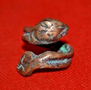 Rare Ancient Old Roman Bronze Snake Serpent Double Headed Ring - 2nd Century Ad