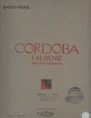 Cordoba By I.  Albeniz – Emilio Pujol Rare Classical Guitar Duet Sheet Music