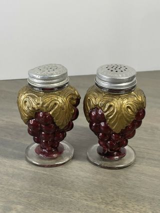 Vintage Goofus Glass Salt And Pepper Shakers Grapes Purple And Gold Rare
