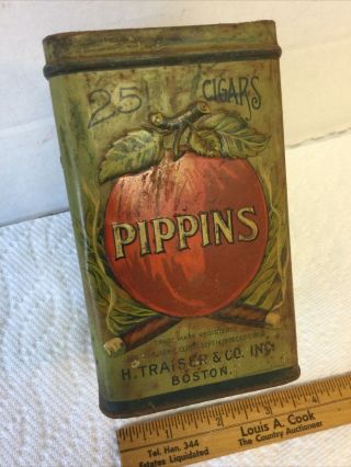 Rare Antique Tin Cigars Box Pippins H Traiser & Co Boston Mass Holds 25