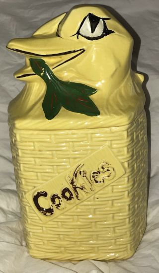 Exceptionally Rare Vintage Yellow Signed Mccoy Duck In Basket Painted Cookie Jar