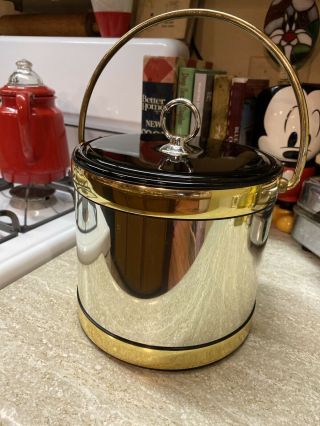 Vintage Rare Mid Century Mcm Gold Silver/chrome Black Ice Bucket Kraftware