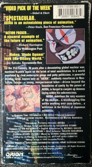 Akira (VHS,  1994 Streamline/Orion Pictures) Dub - English Anime Tape Rare HTF 3