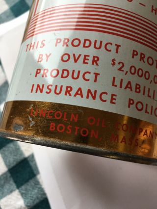 Vintage full Insured Motor Oil Tin Can Lincoln Oil Co Boston MA Rare 1950’s 3