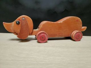 Very Rare Vintage Wooden Dog Push Pull Wood Toy Towner Toys Oregon History