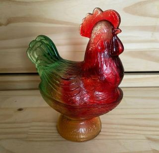 Rare Vintage Tri - Colored Glass Rooster Hen On A Nest Candy Dish Bowl 7.  5”