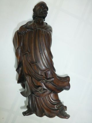 Rare 12 " Antique Chinese Japanese Wood Sculpture Man With Scroll Glass Eyes