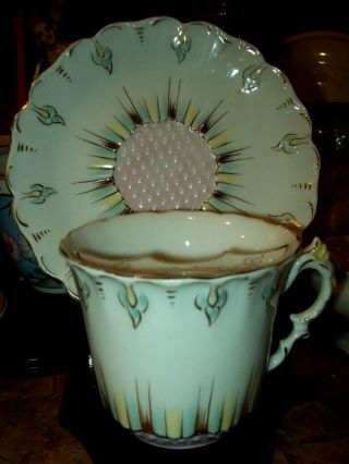 Vintage Rare Mustache Cup & Saucer Porcelain Fancy Victorian Pink Aqua