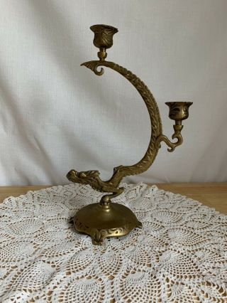 Vtg.  Solid Brass Dragon Candle Holder Rare Old Asia.  12” Tall.
