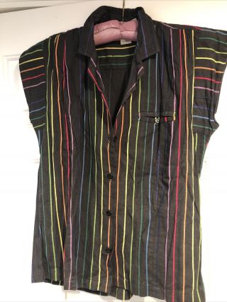 Vintage Ladies 70’s/80’s Cotton Short Sleeve Top Rare.  Black W/ Rainbow Stripes