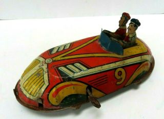 Rare And Unusual Vintage Wind Up Tin Race Car With Two Drivers