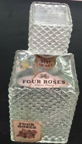Vintage Four Roses Whiskey Glass Liquor Decanter Bottle Rare Pattern W/ Stopper