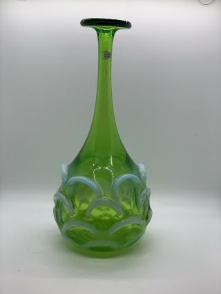 Rare Vintage Fenton Hand Blown Green Vase With Light Blue Ridges