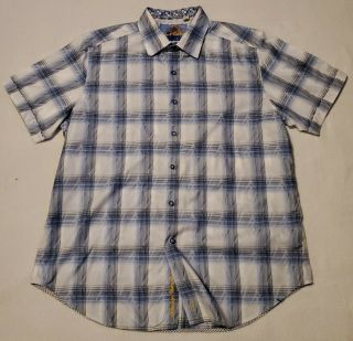 Rare Robert Graham Plaid Blue & White Short Sleeve Shirt Men’s Xl Gw6