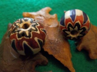 Old Trade Beads Matched Pair Big Rare Red White And Blue Chevron Bead