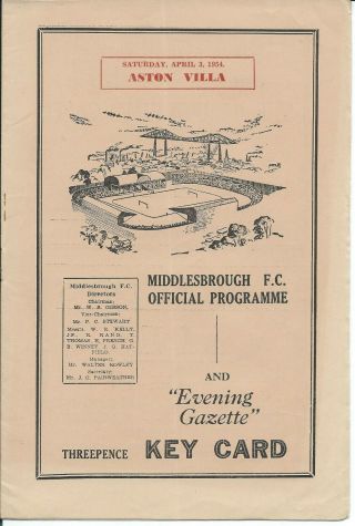 Rare Prog Middlesbrough V Aston Villa 3/4/54 1953/54 Season Div 1