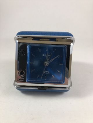Vintage Rare Blue Bulova Quartz Lite Travel Alarm Clock Silver Japan