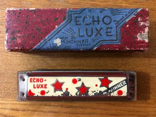 Vintage Echo - Luxe M.  Hohner Rare Red Stars Harmonica With Box Germany