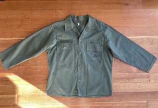 Vintage Korea Or Vietnam Us Navy Seabees Utility Green Sateen Shirt Rare
