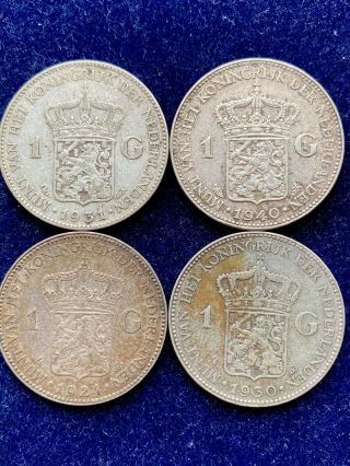 Netherlands 4 X 1 Gulden Wilhelmina,  Very Rare Silver World Coins,  Not Scrap