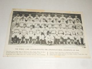 1940 Cincinnati Reds Baseball Team Post Card From The Wheel Cafe Rare