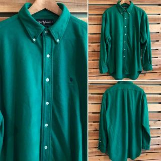 Rare Vtg 90s Green Polo Ralph Lauren Fleece Pony Logo L/s Button Shirt L/2xl