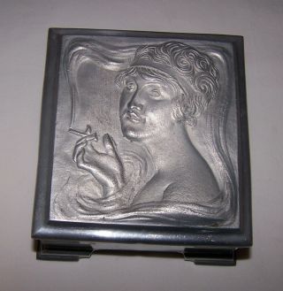 Rare Ca.  1930 Art Nouveau Musical Cigarette Box Smoking Flapper Lady Aluminum
