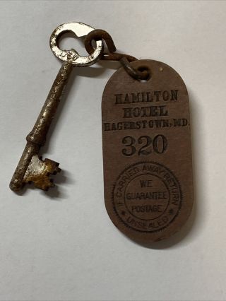 Vtg Rare Hamilton Hotel Skeleton Room Key & Fob Hagerstown Maryland Md
