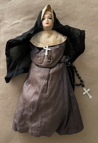 Rare Antique Vntg [old] Porcelain Nun Doll W/ Crucifix & Rosary: Hand Painted