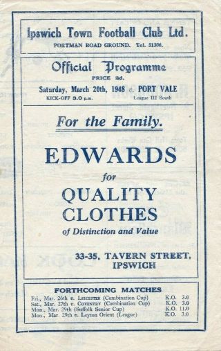 Very Rare Twin - Sheet Football Programme Ipswich Town V Port Vale 1948