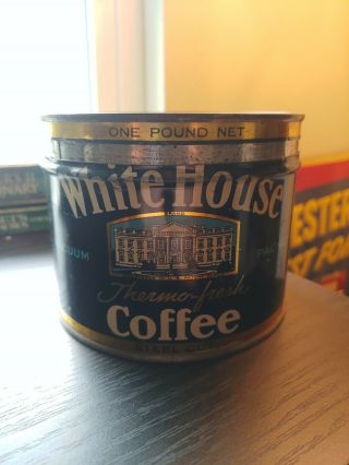 Vintage,  Rare 1 Lb.  White House Coffee Tin; Key - Wind,  Top (no Key) ; Org.  Lid; Vg