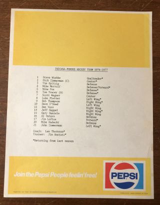 Very Rare 1976 - 77 Indiana - Purdue Hockey Team Roster Sheet Vintage Pepsi