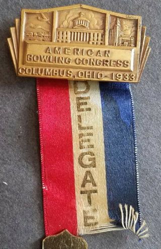 1933 American Bowling Congress Convention Delegate Pin & Ribbon,  Very Rare