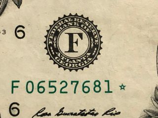Very Rare $1 Frb Atlanta ✯ Star Note One Dollar Bill 2013 - F 06527681 ✯