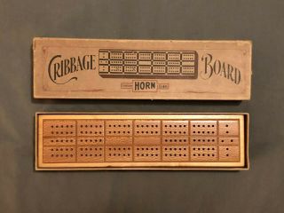 RARE Vintage Horn Cribbage Board With Cards & Wood Pegs STILL 2