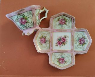Rare Vintage Royal Sealy 4 Footed Tea Cup And Saucer.  Victorian; Rose Motif