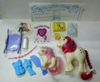 Rare 1983 G1 Hasbro My Little Pony Moondancer & Baby W/accessories - Books,  Brush,