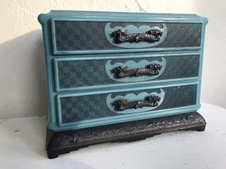 Rare Vtg Chinese Turquoise Blue Dragons Figural Celluloid Drawers Jewelry Box